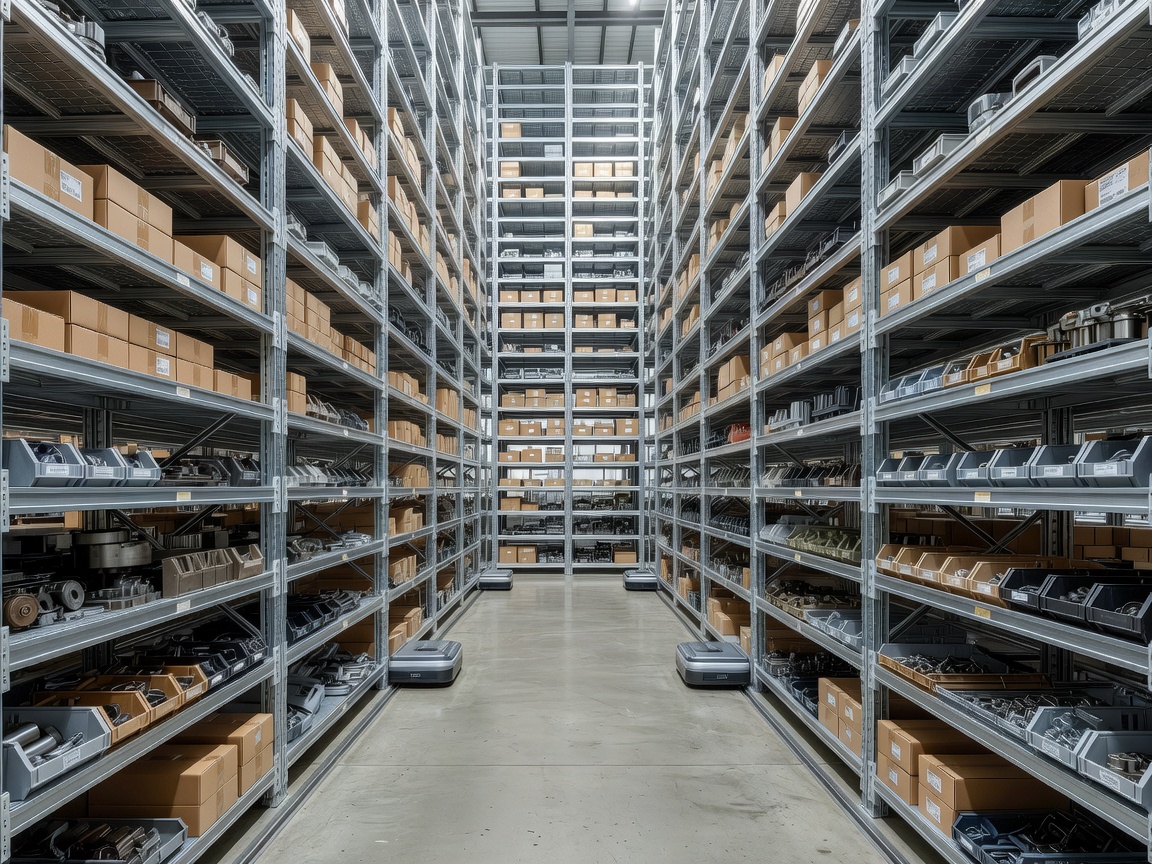 Automated high-bay narrow-aisle racking inside an industrial spare parts facility
