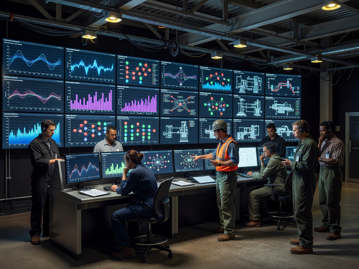 Industrial control room engineers analyzing real-time plant telemetry and logistics workflows