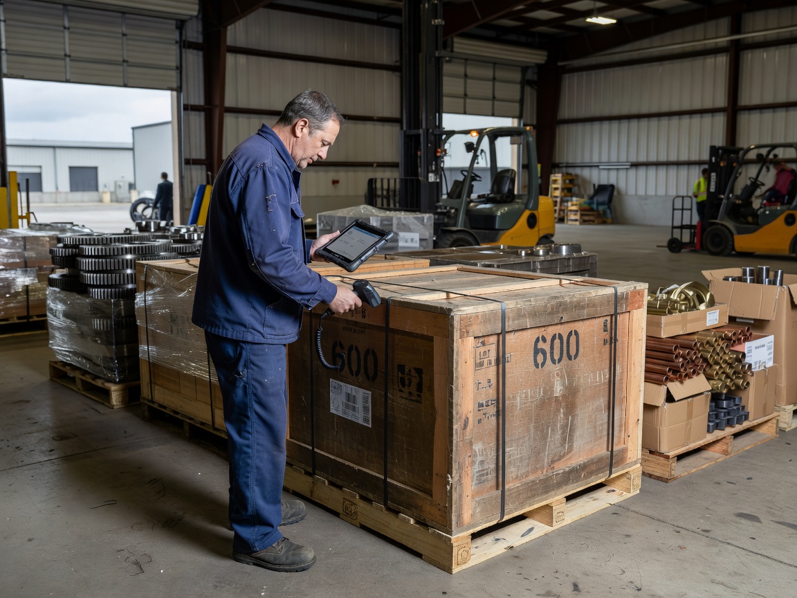 Warehouse technician verifying industrial components at a dispatch bay